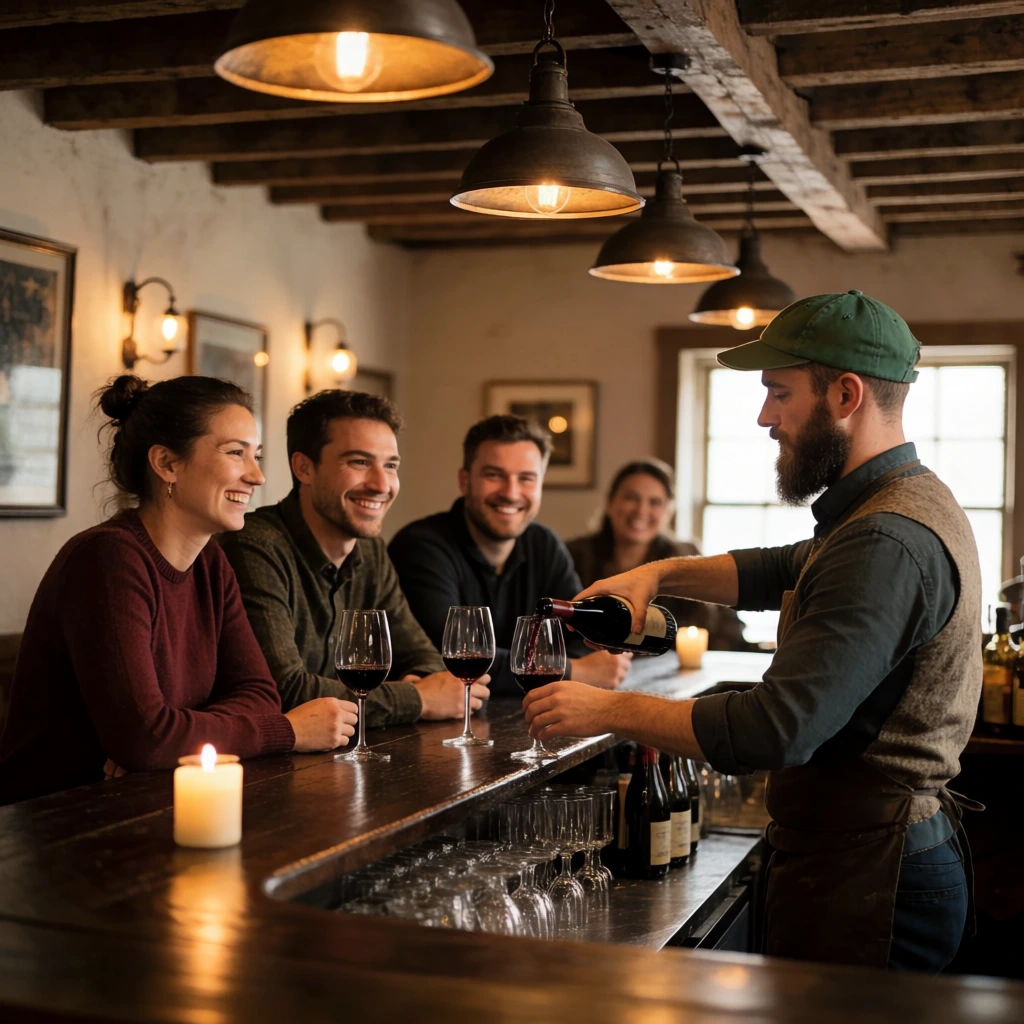 A bearded bartender in a green cap pours wine for smiling patrons at a dark wooden bar. The rustic room features exposed ceiling beams, metal pendant lights, and lit candles. Warm lifestyle photography.