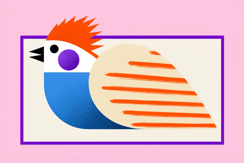 A stylized, geometric bird illustration in profile against a solid light pink background. Framed within an off-white rectangle with a bold purple border, the bird features a white face, open black beak, jagged orange crest, and a textured purple circular cheek patch. A stippled blue chest contrasts with a cream-colored wing marked by horizontal orange brushstroke stripes. The flat vector artwork utilizes bold color blocking, minimalist shapes, and grainy gradients, evoking a mid-century modern graphic design aesthetic.