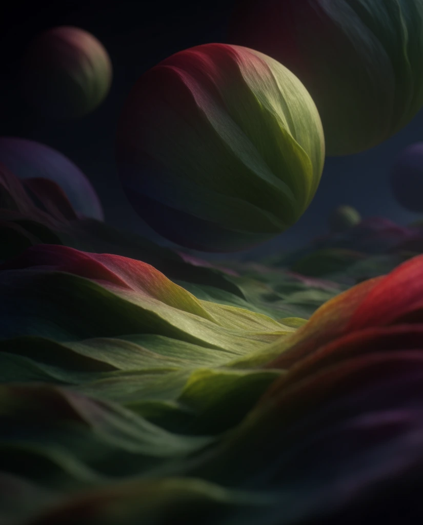 A surreal landscape of sweeping terrain and massive circular celestial orbs suspended in a dark sky, defined by deeply textured, fibrous, petal-like surfaces. The undulating ground and the floating celestial spheres share a botanical, sinewy architecture characterized by smooth, flowing longitudinal striations wrapping organically around their forms. An extremely shallow depth of field isolates a central midground orb in sharp focus, blurring the prominent foreground terrain ridges and distant celestial bodies into soft, dreamy bokeh. Low-key, directional chiaroscuro lighting pierces the heavily shadowed environment, illuminating the ridges of the botanical textures with a soft matte sheen while submerging the surrounding areas into heavy darkness. The cinematic color palette features organic, gradient-rich transitions from deep forest green and vibrant chartreuse to saturated crimson and magenta, emerging seamlessly from deep indigo voids. The rendering is hyper-detailed in the focal plane, creating an ethereal, quiet atmosphere that applies macro-botanical aesthetics to a sweeping cosmic scale.