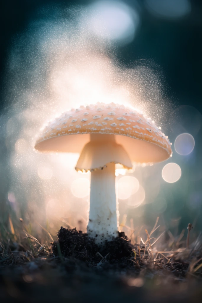 pale orange mushroom with white spots releasing a luminous cloud of fine glowing spores, thick white stem with a delicate skirt, dark soil and dry grass, intense ethereal backlighting, macro photography, extremely shallow depth of field, large glowing bokeh spheres, cool dark teal blurred background