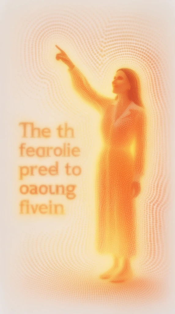 A woman standing and pointing upwards, positioned alongside text located on the left side of the composition. The entire image is rendered in a radiant, optical-art pointillism style consisting of concentric, undulating waves of stippled dots. A monochromatic warm color palette of glowing tangerine, luminous yellow, and soft cream defines the aesthetic. The woman's figure and the accompanying text are constructed entirely without hard outlines, formed instead by the shifting density, scale, and saturation of the orange halftone dots to create a vibrating, glowing illusion of three-dimensional form. Intricate moiré interference patterns and radiating ripples of dotted texture echo outward from the subjects, gradually dissolving and fading into a sparse, cream-white void at the soft, vignetted edges. The ethereal, hazy atmosphere is achieved through this meticulous digital halftone technique, imbuing the standing figure and the text with a soft, pulsating luminosity.