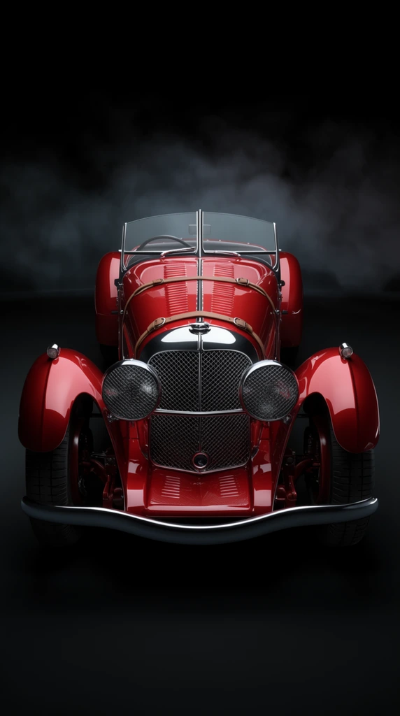 classic red vintage roadster, head-on view, wire-mesh headlight covers, leather hood straps, split windshield, curved chrome bumper, high gloss finish, dramatic moody studio lighting, subtle atmospheric smoke, pitch black background, centered symmetrical composition
