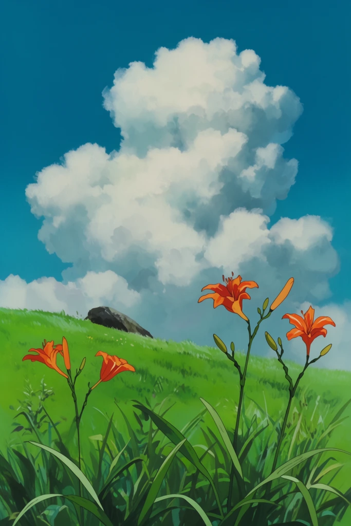 A towering white cumulus cloud dominates a vibrant cerulean sky above a sloping hill of lush green grass. A single dark rock protrudes from the ridge. In the foreground, tall blades of grass stand near slender stalks bearing bright orange lilies. The landscape is rendered in a saturated, hand-painted animation background style, contrasting the soft, volumetric brushstrokes of the shadowed cloud with the crisp lines of the lively flora.