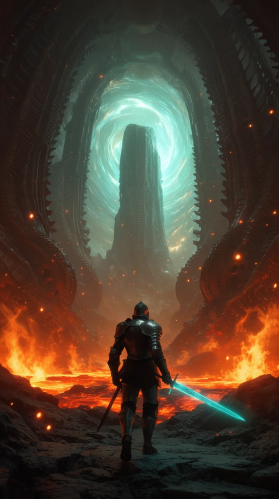 lone warrior in dark plate armor seen from behind holding a glowing cyan sword, standing on a jagged rocky path, colossal cavernous tunnel, towering ribbed biomechanical walls, molten lava and fiery orange flames in the foreground, brilliant glowing teal vortex illuminating a towering monolith in the background, floating embers, dramatic cinematic backlighting, high contrast of fiery orange and ethereal cyan, dark fantasy concept art, epic monumental scale