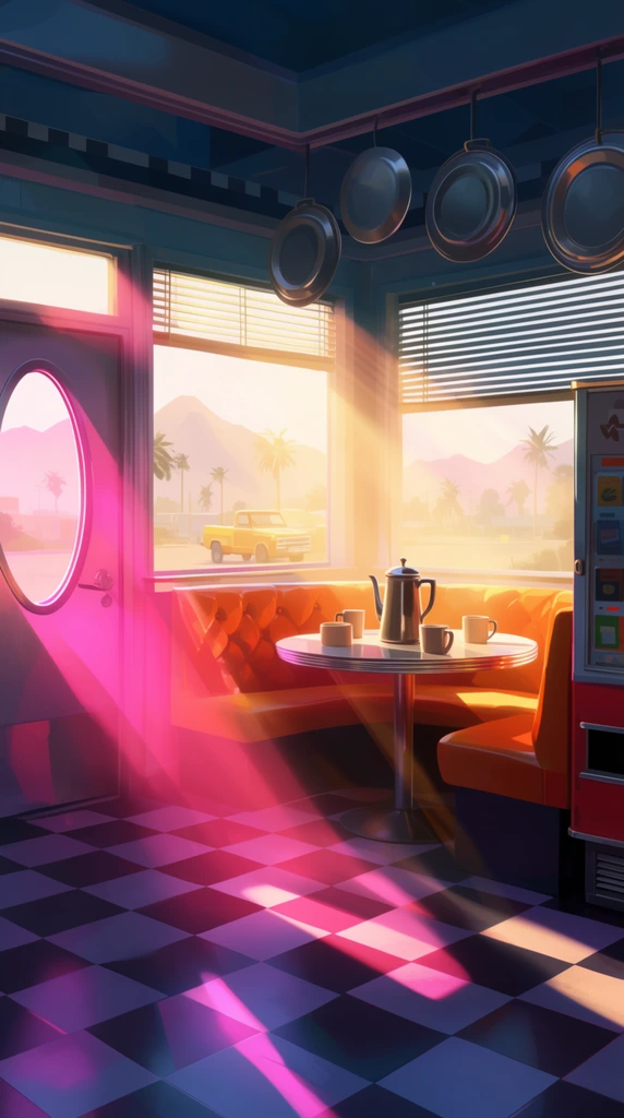 A retro diner booth bathed in volumetric sunlight piercing through large windows. An orange tufted corner seat surrounds a round table holding a coffee pot and mugs. A door with an oval window admits intense magenta rays. The room features checkered floors, hanging metal plates, and a vintage vending machine. Outside, a hazy scene reveals mountains, palm trees, and a yellow truck. The stylized palette contrasts vibrant pink shadows against deep cool blues, unified by blinding golden god rays cutting across the atmospheric interior.