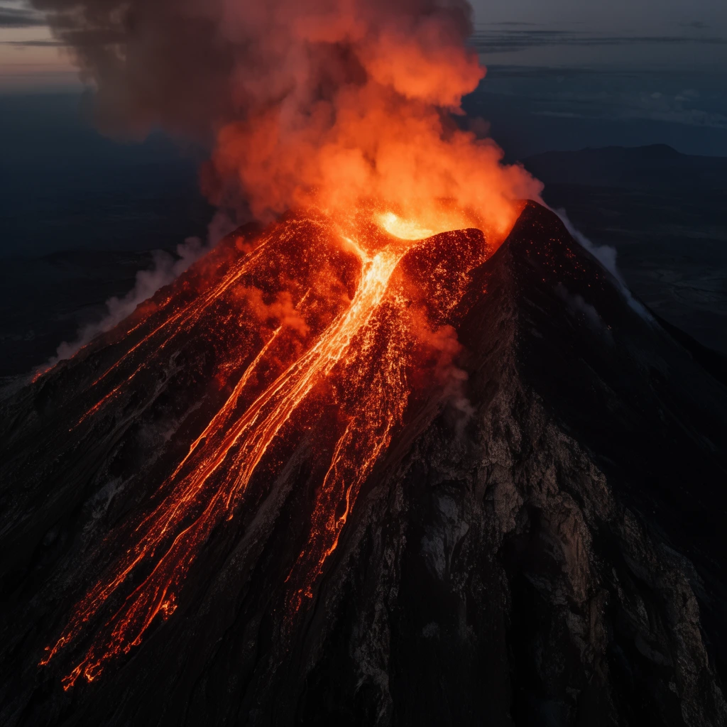 massive volcano erupting at twilight, fiery orange lava flowing rapidly down steep craggy black slopes, dense plumes of brightly illuminated ash and smoke billowing from the glowing crater into a dark atmospheric sky, intense radiant heat, rugged volcanic terrain, aerial perspective, hyper-realistic nature photography, dramatic chiaroscuro contrast, cinematic apocalyptic atmosphere