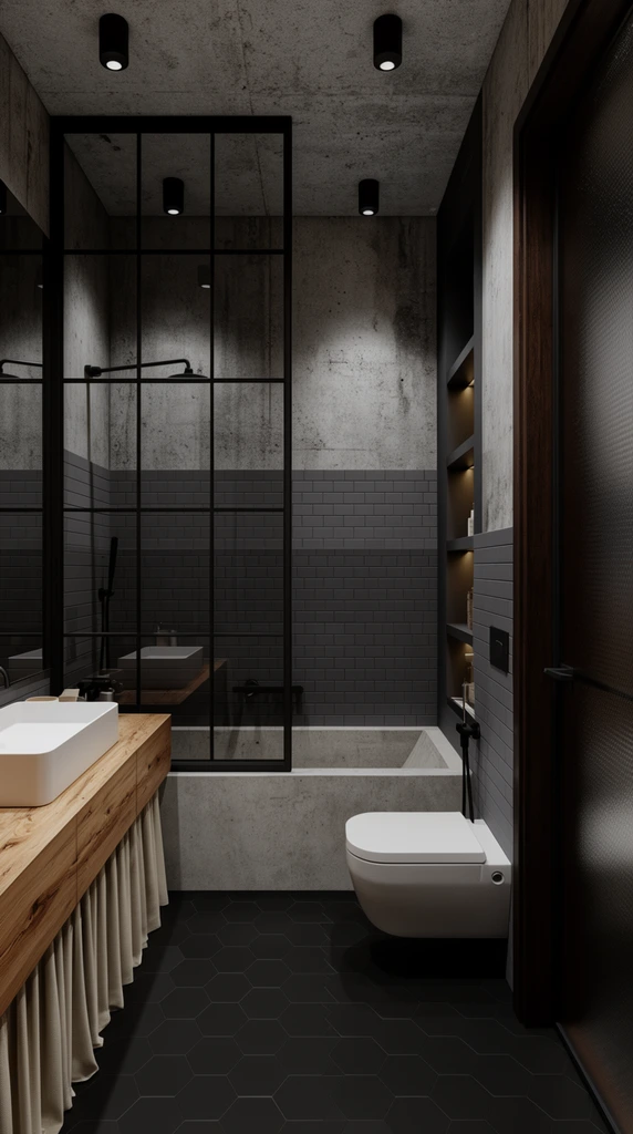 split-view architectural interior of a modern industrial bathroom, raw concrete upper walls, dark grey subway tiles, black hexagonal floor tiles, natural wood vanity with white rectangular vessel sink, beige pleated under-sink curtain, black metal-framed glass partition, built-in concrete bathtub, wall-mounted toilet, dark alcove with backlit recessed shelving, black cylindrical ceiling spotlights, dark wood frosted glass door, moody lighting, photorealistic textures