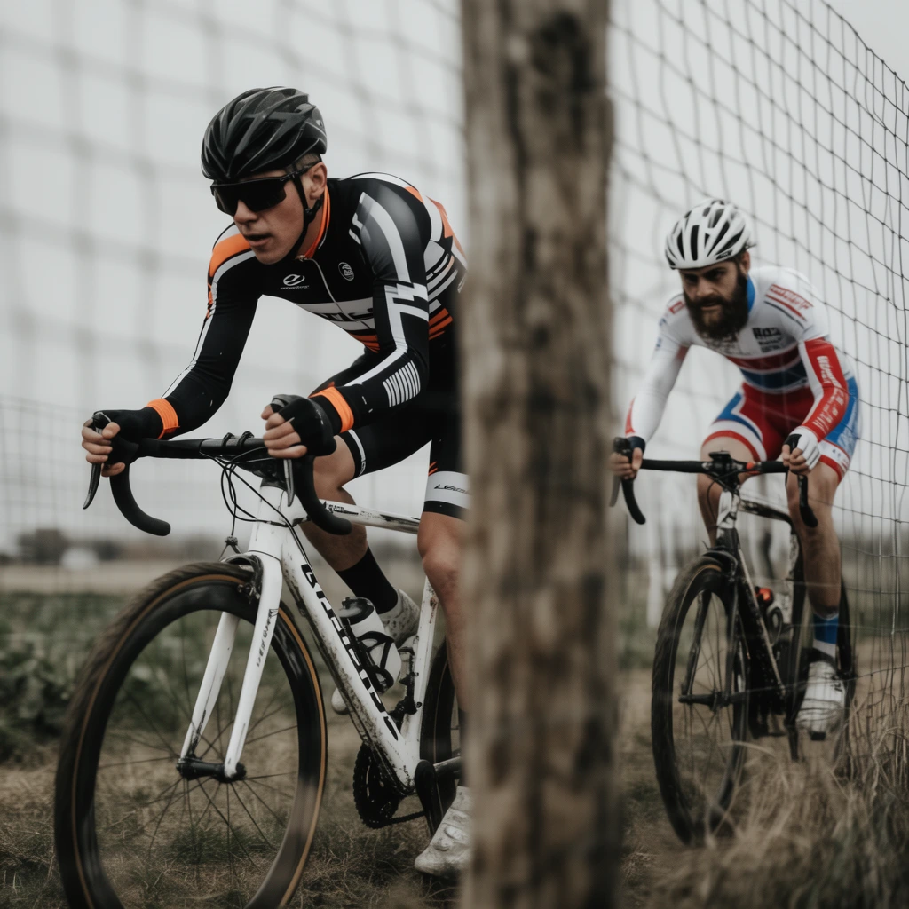 competitive cyclists racing, foreground rider in black and white aerodynamic suit with orange accents, black helmet, dark sunglasses, white racing bicycle, secondary bearded rider in white red and blue gear, blurred wire mesh fence in extreme foreground, thick out-of-focus wooden post dividing the frame, shallow depth of field, overcast lighting, desaturated color grading, dynamic low angle sports photography