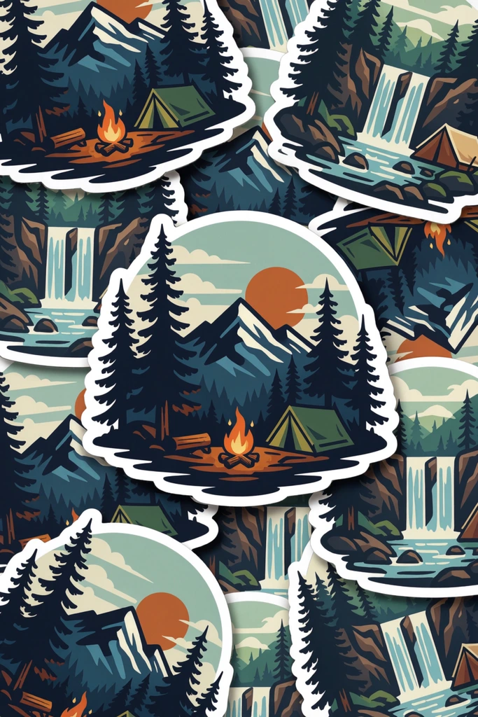 A dense, overlapping pile of die-cut stickers featuring retro vector illustrations of wilderness camping scenes. The layered graphics showcase stylized dark navy mountains with snow-capped peaks, towering pine tree silhouettes, glowing burnt-orange suns, campfires, green tents, and cascading blue waterfalls against muted teal skies. Each illustration is framed by a thick white border and arranged haphazardly to fill the entire frame, creating physical depth through subtle drop shadows. The crisp, flat vector art utilizes a cohesive color palette of deep blue, warm orange, and soft mint green to evoke a vintage outdoor adventure aesthetic.