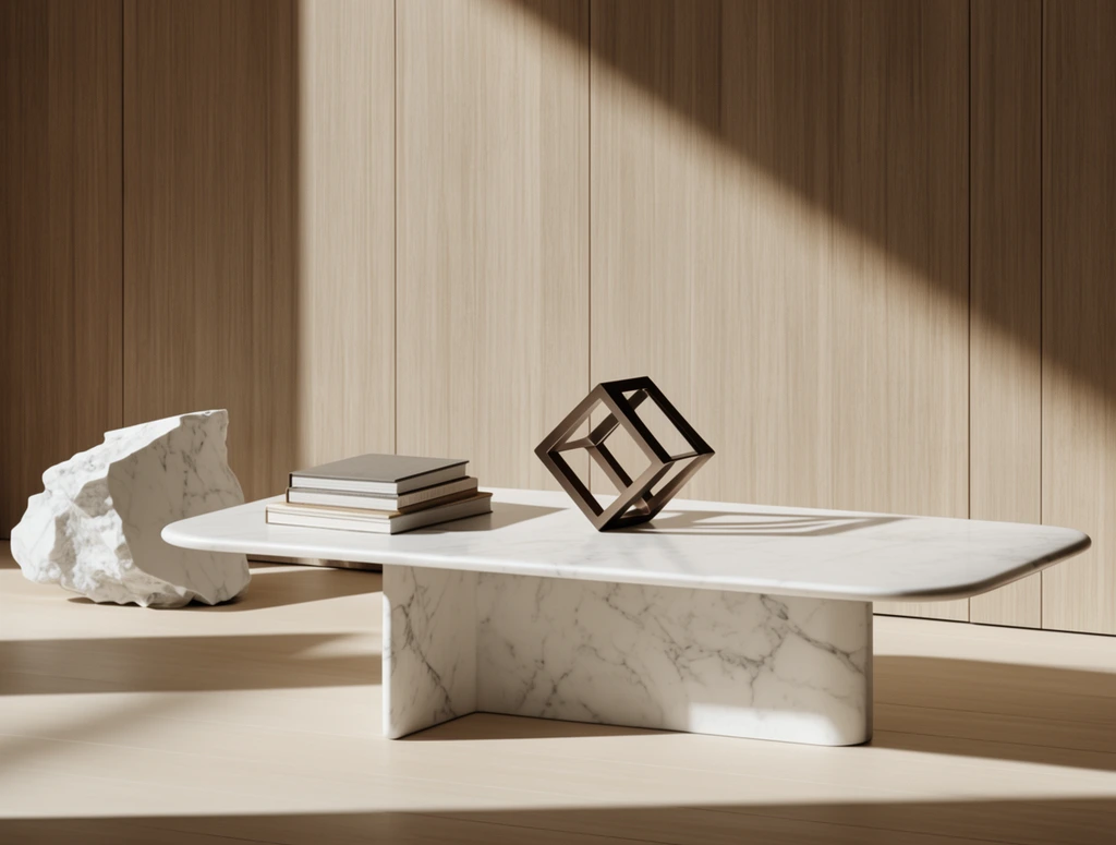 low rectangular white marble coffee table with rounded corners, small stack of hardcover books, geometric hollow dark metal diamond sculpture, rough broken marble chunk resting on light wood floor, vertical wood paneled wall, strong diagonal sunlight casting sharp architectural shadows, minimalist interior design, photorealistic 3D render, warm neutral tones