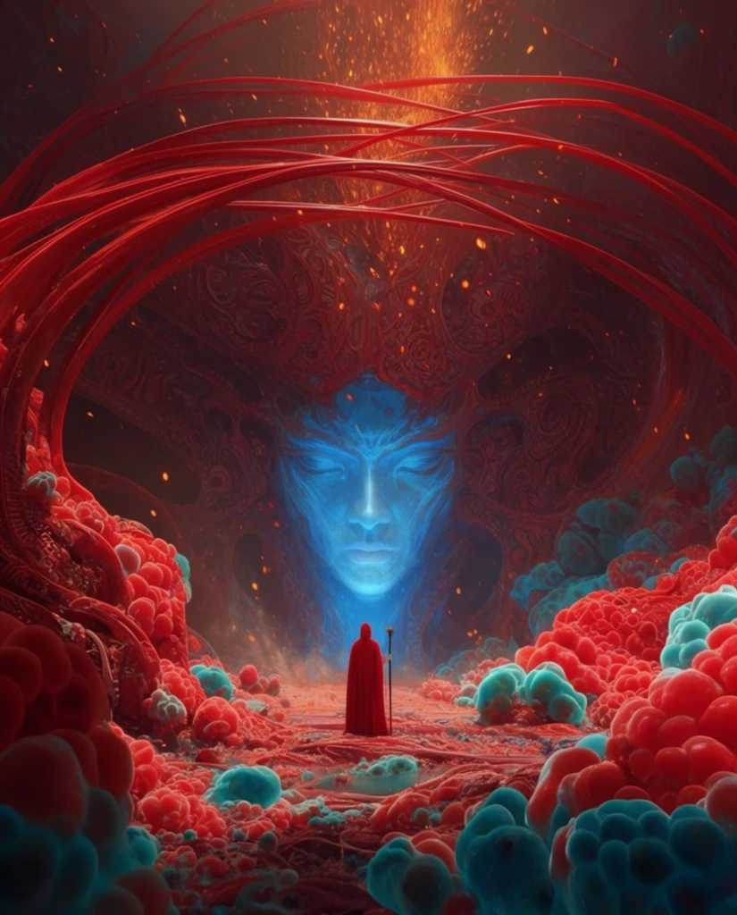 colossal glowing blue face framed by massive intricate red organic structures, tiny red-cloaked figure holding a staff standing centrally, sweeping red tendrils arching overhead, rising orange embers, bulbous cellular clusters in vivid red and cyan, surreal biomechanical 3D digital landscape, dramatic cinematic lighting, extreme scale contrast