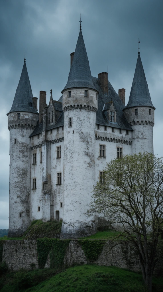 majestic medieval stone castle, tall cylindrical towers with conical slate roofs, weathered whitewashed masonry, perched on a grassy mound, stone retaining wall with patches of ivy, branching tree with sparse green leaves, overcast moody sky, muted cool grays and earthy greens, atmospheric architectural photography