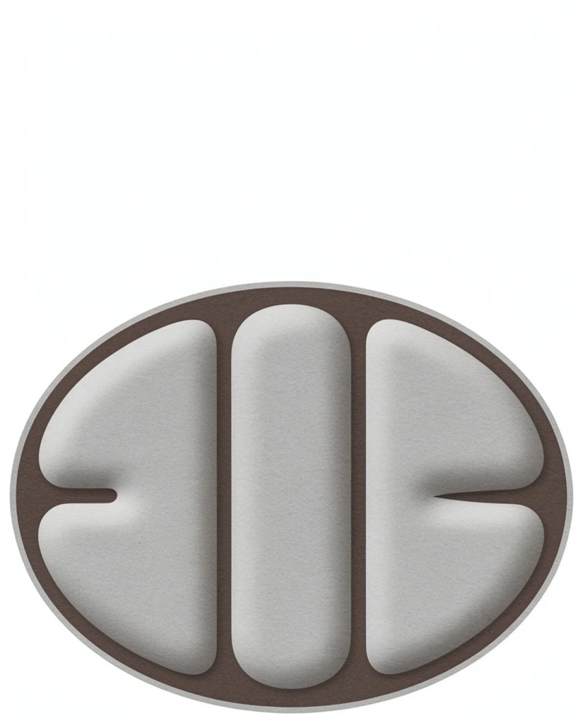 A horizontal oval graphic motif positioned in the lower half of a stark white background. Inside a thin dark mocha-brown elliptical border, three prominent light gray geometric forms tightly pack the interior, separated by matching dark brown negative space. The leftmost form is rounded with two deep horizontal indentations on its outer curve. The central form is a simple vertical pillar. The rightmost form features a flat inner edge and a rounded outer curve with a sharp horizontal wedge cut out. The light gray shapes possess a subtle, grainy paper texture and soft gradient shading, creating a smooth, pillowy, three-dimensional embossed appearance against the flat background.