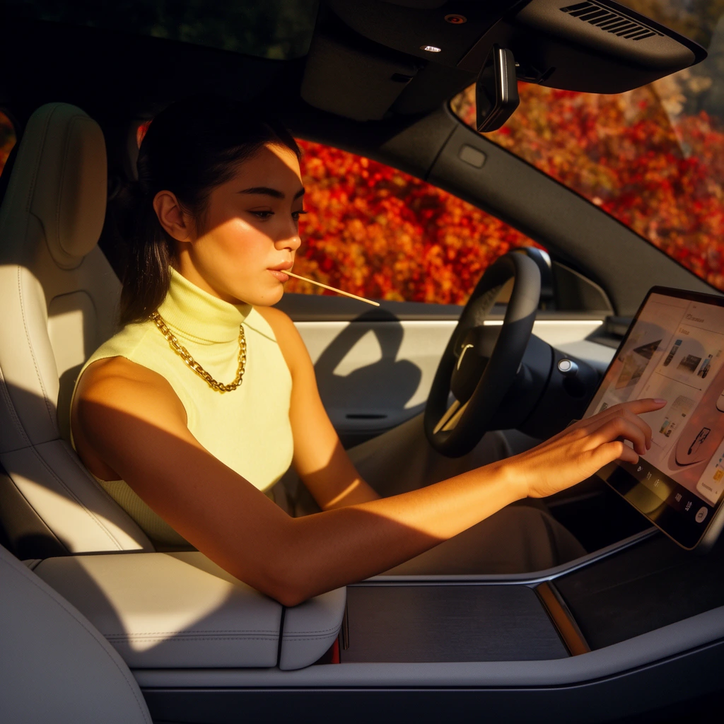 Young woman inside a modern car reaching toward a large central touchscreen, dark hair pulled back, light yellow sleeveless turtleneck, gold chain necklace, thin wooden stick resting in her mouth, extending arm to tap the display, light grey leather seats, minimalist dashboard, steering wheel, cinematic golden hour lighting, dramatic geometric shadows cast across her face and arm, vibrant blurred red and orange foliage visible through the side window, warm color palette, high contrast lifestyle photography
