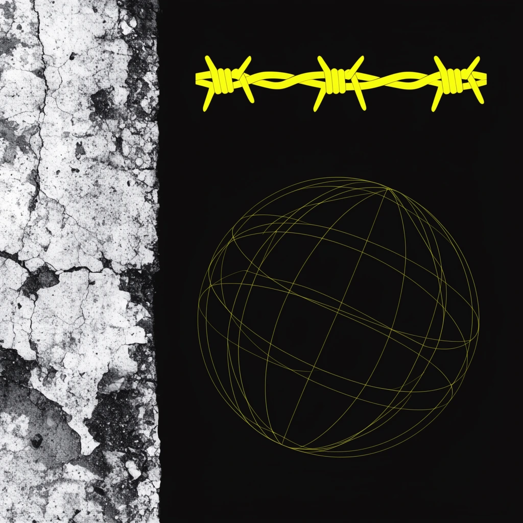 High-contrast industrial graphic layout on a solid black background. A vertical band of heavily distressed, cracked white concrete sits beside neon yellow vector elements, including a bright barbed wire graphic and a delicate wireframe globe diagram of intersecting curves.
