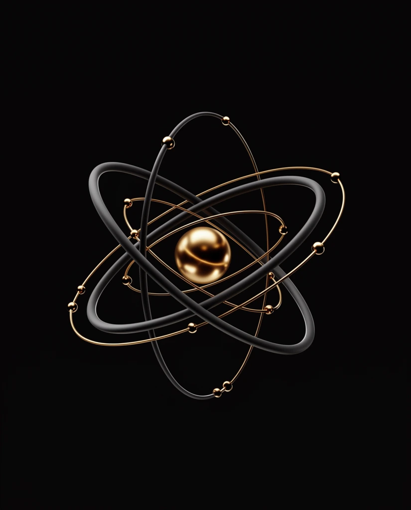Abstract 3D atomic structure in a pitch-black void. A reflective central gold sphere rests inside intersecting matte dark gray orbital rings and thin golden elliptical tracks. Small metallic gold nodes dot the paths, highlighted by high contrast lighting.