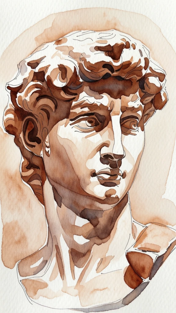 A watercolor study of the head of Michelangelo’s David bust is rendered in earth tones on a textured paper surface. The central subject is the head and neck of the classical male sculpture, shown from a three-quarter view facing toward the right. Voluminous, curly hair is depicted with layered washes of sepia and burnt sienna, defining thick locks through varying paint concentrations and dark outlines. The face features a pronounced brow, a deep-set eye on the right, and a straight nose that casts a dark shadow across the left cheek and upper lip. The chin and jawline are well-defined, with a prominent shadow on the neck beneath the jaw. Light enters the scene from the upper right, leaving large portions of the right forehead, cheek, and nose as the unpainted cream-white of the paper to represent bright highlights. The background consists of the same textured paper, accented with light, broad washes of pale beige that loosely follow the silhouette of the head. The artistic style is a gestural watercolor sketch, utilizing a limited palette of warm browns and ochres with subtle cool-toned shadows in the deepest crevices. The composition focuses entirely on the bust, centered within the frame, with the lower neck fading into the bottom of the page.