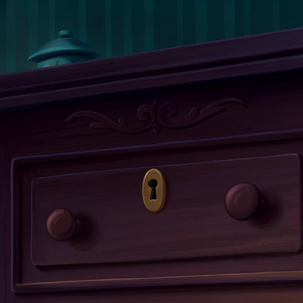 close-up of a dark purplish-brown wooden drawer, central oval brass keyhole plate, two round wooden knobs, raised rectangular molding, carved decorative flourish above, small teal lidded ceramic jar resting on cabinet top, dark teal vertically striped background wall, smooth 2D animation background painting style, moody cinematic lighting, rich shadows
