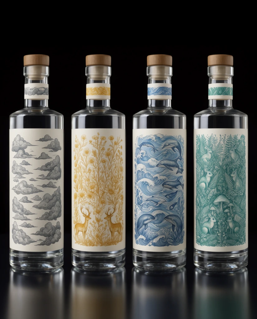 Four identical clear glass bottles with wooden stoppers stand in a perfect horizontal row against a solid black background, resting on a highly reflective dark surface. Each cylindrical bottle is filled with clear liquid and features a large, off-white paper label showcasing intricate, symmetrical fine-line illustrations of nature. From left to right, the delicately drawn botanical and wildlife motifs are rendered in slate gray featuring stylized clouds, golden-yellow depicting wildflowers and deer, deep blue showing swirling ocean waves and aquatic life, and teal-green displaying dense forest ferns and woodland creatures. A narrow paper band matching the primary illustration color wraps around the neck of each bottle. Dramatic studio lighting creates sharp vertical white catchlights along the curved glass edges, emphasizing the thick glass bases and the crisp, sophisticated product photography composition.
