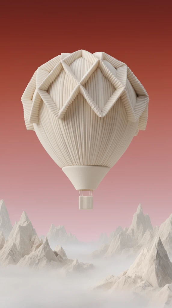 A stylized hot air balloon constructed from thick, ribbed, cream-colored material floats centrally against a smooth gradient sky. The balloon's upper half features large, rigid, origami-like geometric folds draped over its spherical body, tapering down to a solid conical base and a small square basket. Below, a minimalist landscape of sharp, pale rocky mountain peaks pierces through a dense layer of white fog. The pristine, monochromatic off-white tones of the foreground elements contrast sharply with the sky, which transitions from deep terracotta red at the zenith to dusty pink at the horizon. The high-resolution 3D-rendered composition utilizes soft, diffused lighting to emphasize the tactile, corrugated texture of the balloon and the pristine geometric precision of the surreal environment.