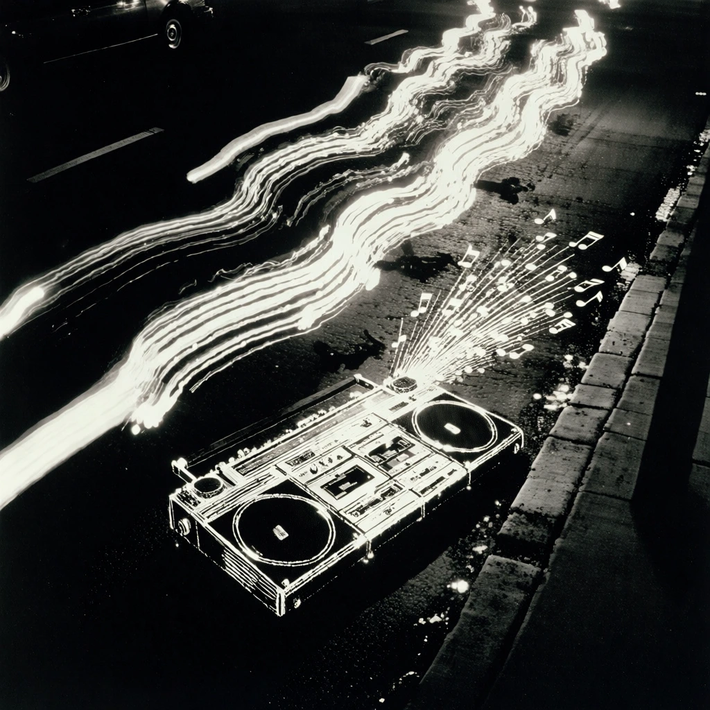 high-contrast black and white photography, noir grainy film aesthetic, top-down aerial perspective of a dark asphalt street, long-exposure flowing white light trails, a detailed line drawing of a boombox on the pavement next to a concrete sidewalk, boombox with two speakers and handle and cassette deck and dials, musical notes in a burst pattern, a partial car tire in the top left corner, dramatic shadows, sharp highlights, cinematic nocturnal urban atmosphere, gritty film texture.