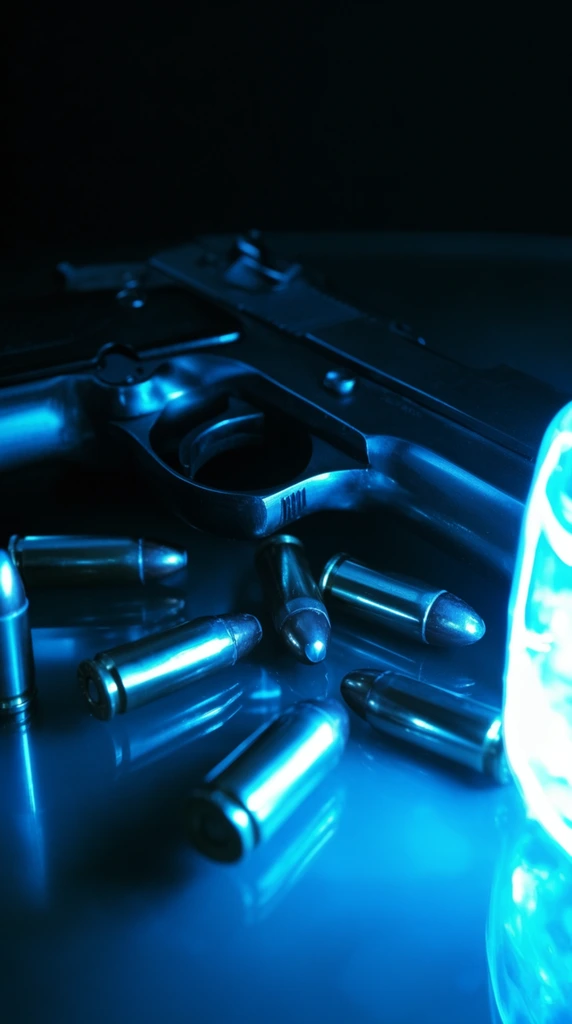 An extreme close-up of a handgun resting on a smooth glass surface with several bullets scattered around its frame, rendered in a stark, high-contrast, monochromatic cyan-blue color palette. A brilliant, intense neon blue light source from the immediate right foreground strikes the weapon and ammunition, casting sharp, luminous specular highlights across the sleek metallic textures and cylindrical casings. The glossy glass beneath acts as a dark, polished mirror, catching glowing blue reflections and pools of light beneath the heavy metal objects. Deep, enveloping pitch-black shadows consume the left side of the composition and the entire background in dramatic chiaroscuro, isolating the vividly illuminated elements within a void of absolute darkness. The tight macro framing and shallow depth of field emphasize the crisp, machined edges of the gun and the curved tips of the bullets, maximizing the impact of the glowing blue gradients against the heavy black shadows.
