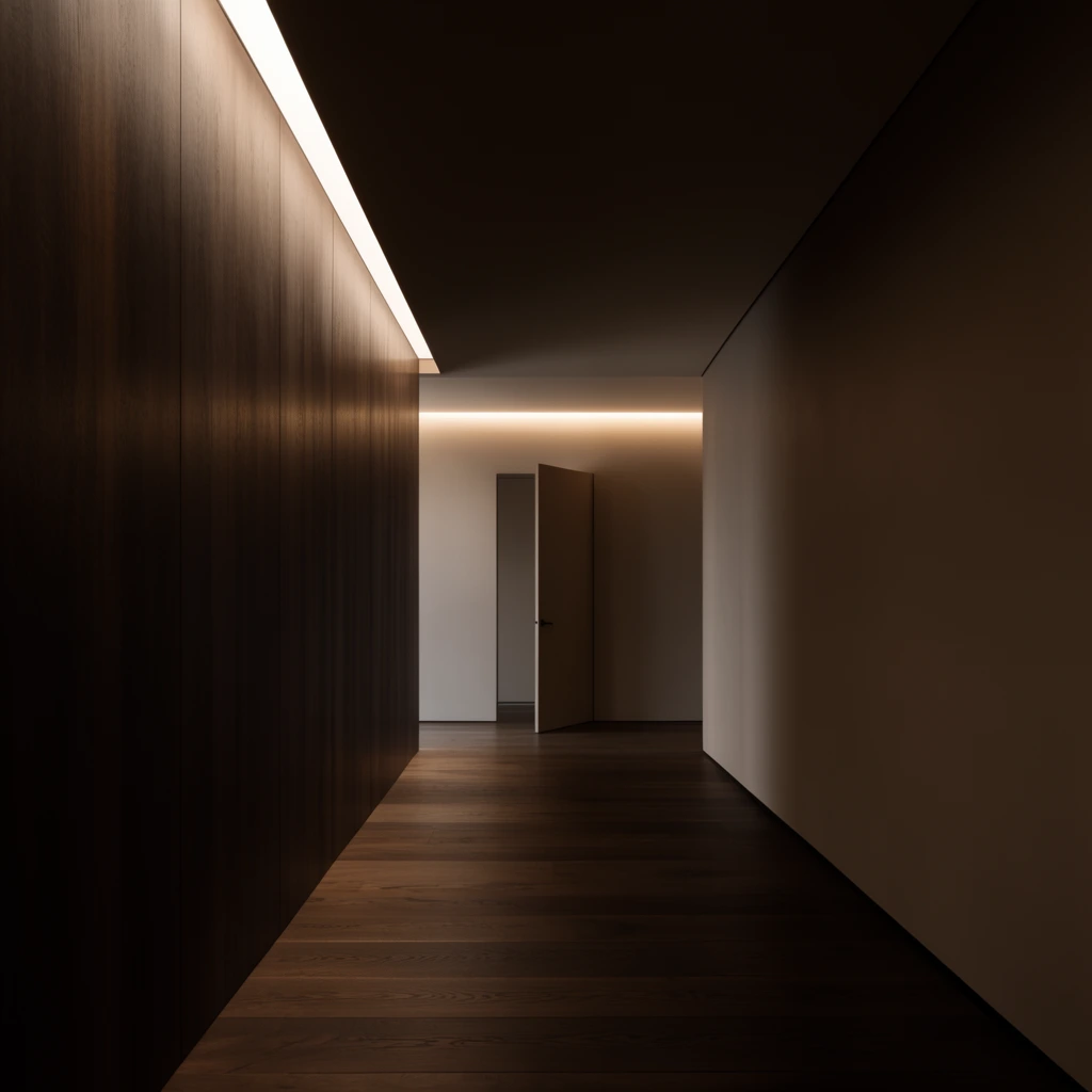 A moody, minimalist hallway framed in precise one-point perspective. A striking linear ceiling cutout washes warm, diffuse light down a dark wood-paneled wall. Wide-plank hardwood floors lead through deep shadows toward a flush door standing ajar beneath a glowing horizontal cove light. The architectural photography emphasizes clean geometric volumes, dramatic chiaroscuro illumination, and a refined palette of rich espresso browns, taupes, and soft whites.