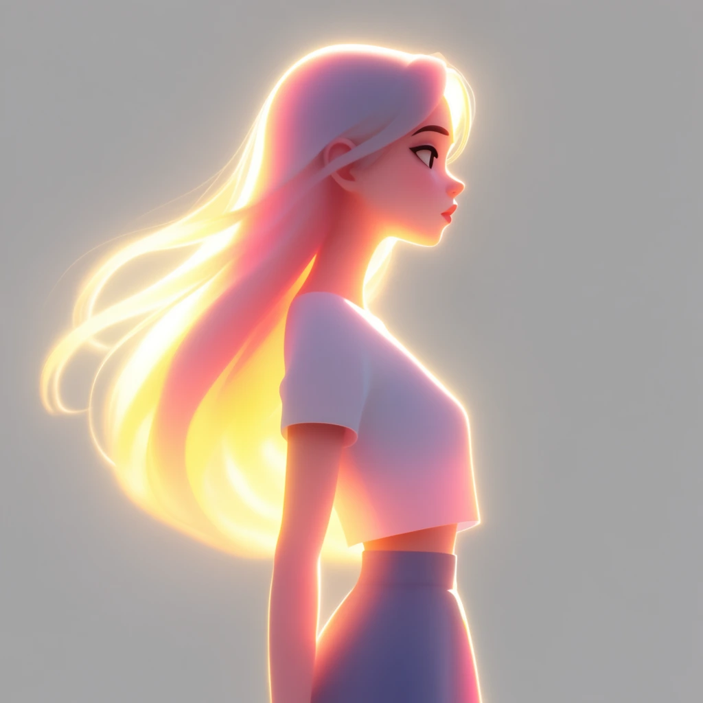 stylized profile portrait of a young woman facing right, long flowing hair blowing backward, short-sleeved crop top, high-waisted skirt, intense glowing backlighting, luminous yellow to pink gradient rim light, subsurface scattering, smooth digital 3D rendering style, soft facial features, minimalist flat gray background, ethereal and radiant atmosphere