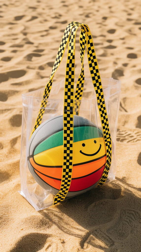 A clear plastic tote bag sits on a sunlit sandy beach marked with footprints. It holds a vibrant basketball with horizontal bands of grey, green, yellow, orange, and red, featuring a simple smile graphic. Bold yellow and black checkerboard straps secure the transparent bag. Warm, high-contrast sunlight casts sharp, distinct shadows onto the textured golden sand.