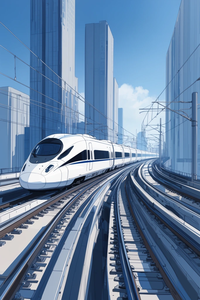 Sleek white high-speed train traveling on elevated railway, multiple curving tracks leading toward the horizon, towering minimalist skyscrapers, overhead catenary wires, anime-style digital illustration, cel-shaded, clean architectural linework, cool color palette of steel blues and crisp whites, bright daylight, wide-angle perspective
