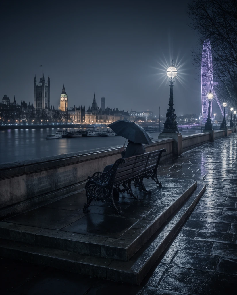A lone figure under a dark umbrella sits on an ornate wrought-iron bench along a wet stone promenade overlooking a wide river and a Gothic cityscape at night. Beside the tiered stone platform, vintage streetlamps cast bright starburst flares along a low wall. Across the dark water, an expansive architectural complex featuring a prominent illuminated clock tower anchors the skyline. Golden lights reflect on the smooth river surface near moored boats. In the distance, a large Ferris wheel glows purple behind bare trees. The cinematic photographic style relies on a moody, desaturated blue and grey color palette. Wet paving stones create glossy reflections that emphasize the deep depth of field and atmospheric nocturnal lighting.