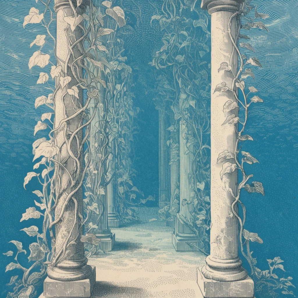 An underwater hallway flanked by tall structural pillars deeply entwined with thick vines, rendered as a vintage, duotone fine-line lithograph. The receding architectural corridor and sprawling botanical tendrils are illustrated using intricate off-white and cream stippling, precise contour hatching, and meticulously engraved linework. A vibrant, antiqued teal blue fills the background and negative space, providing stark, graphic contrast against the pale ivory subjects. The aquatic atmosphere and the dimensional shading of the stone columns are defined entirely through dense concentrations of etched lines and microscopic dot patterns rather than smooth gradients. Wavy, concentric hatching and clustered stippling drift through the surrounding teal environment, framing the submerged passageway with the precise, organic texture characteristic of nineteenth-century scientific etchings and antique block prints.