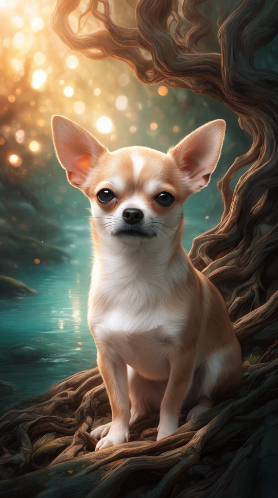 Tan and white Chihuahua, sitting posture, large ears, dark eyes, twisted gnarled tree roots, tranquil teal stream, glowing bokeh, warm golden light, digital fantasy illustration