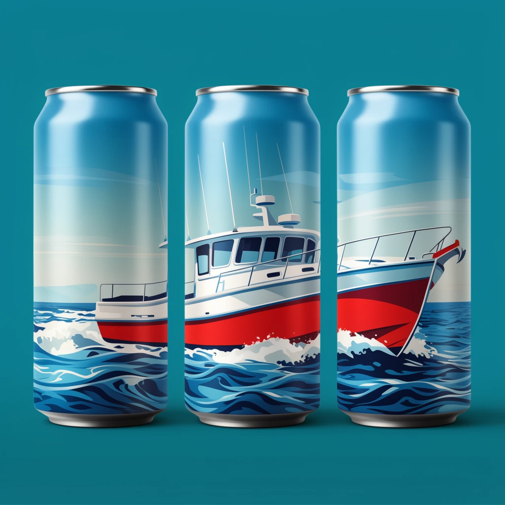Three aluminum beverage cans stand against a solid teal background, displaying a continuous wrap-around illustration of a white boat with a red hull navigating stylized blue waves under a minimalist sky. Studio lighting highlights the smooth cylindrical curves and metallic rims of the packaging mockup.