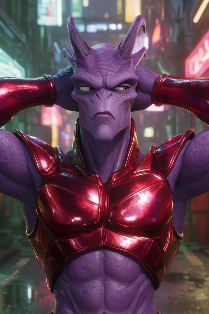 Muscular purple alien, sharp jawline, horns, hands clasped behind head, annoyed sideways glance, crimson metallic armor, neon futuristic alley, cinematic 3D render