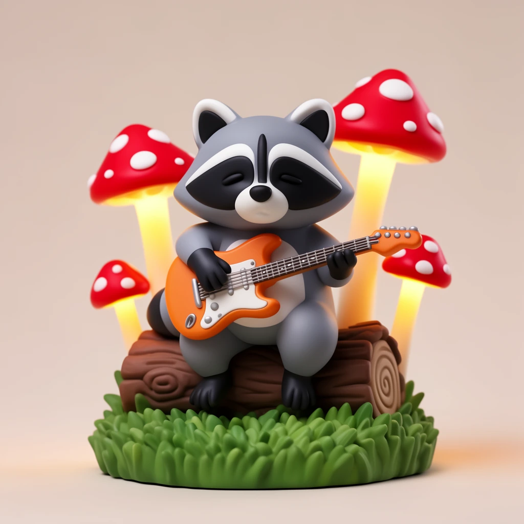 stylized vinyl figurine of a raccoon playing an orange electric guitar, sitting on a textured brown log, sculpted green grass base, four tall red and white spotted mushrooms with glowing warm yellow stems behind, smooth matte finish, clean beige studio background, soft lighting