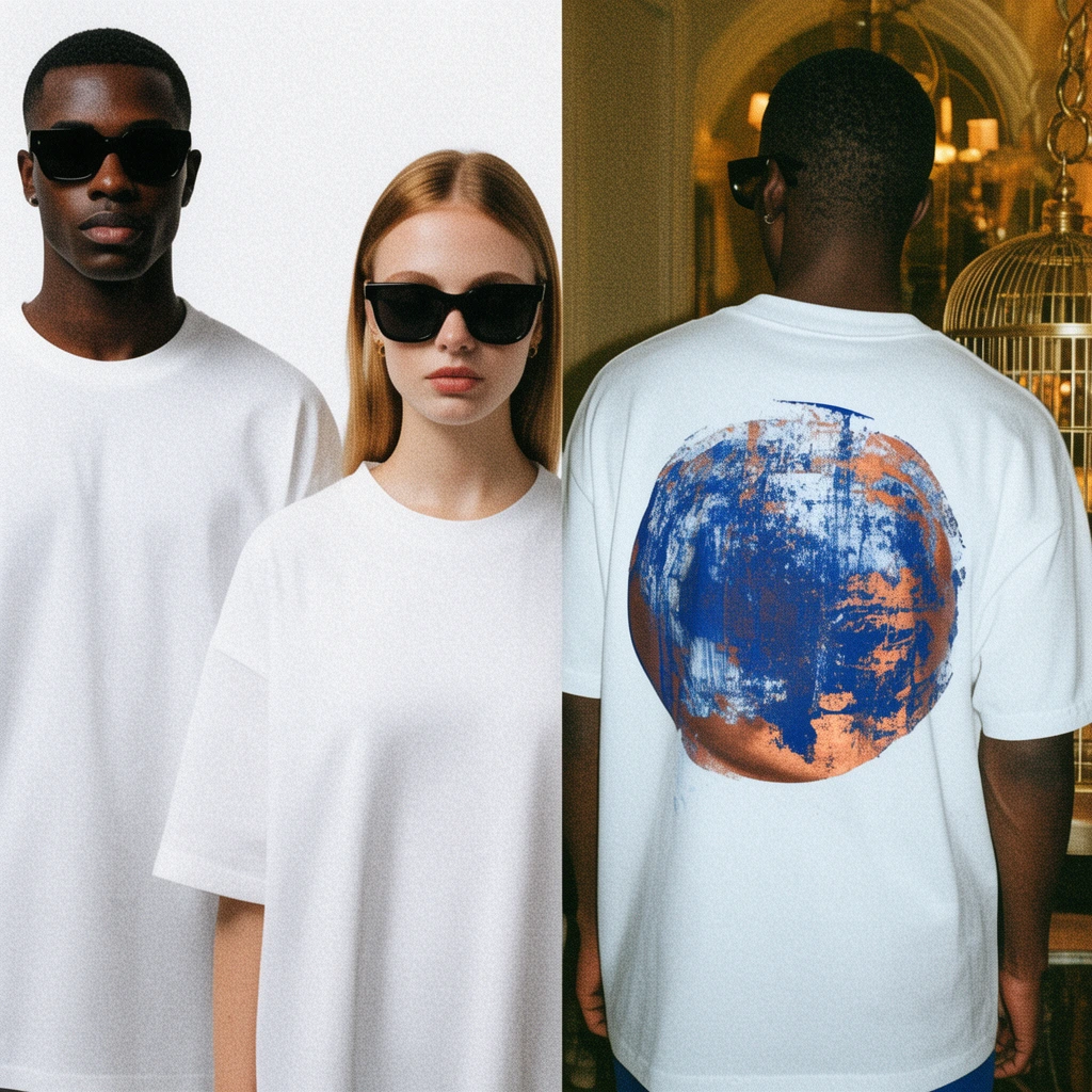 split-screen streetwear editorial, left panel with a Black man and white woman in oversized white t-shirts and dark sunglasses against a stark white backdrop, right panel of the man from behind wearing a white t-shirt with a distressed abstract blue and copper spherical graphic, warm interior setting, decorative golden birdcage, flash photography, heavy film grain