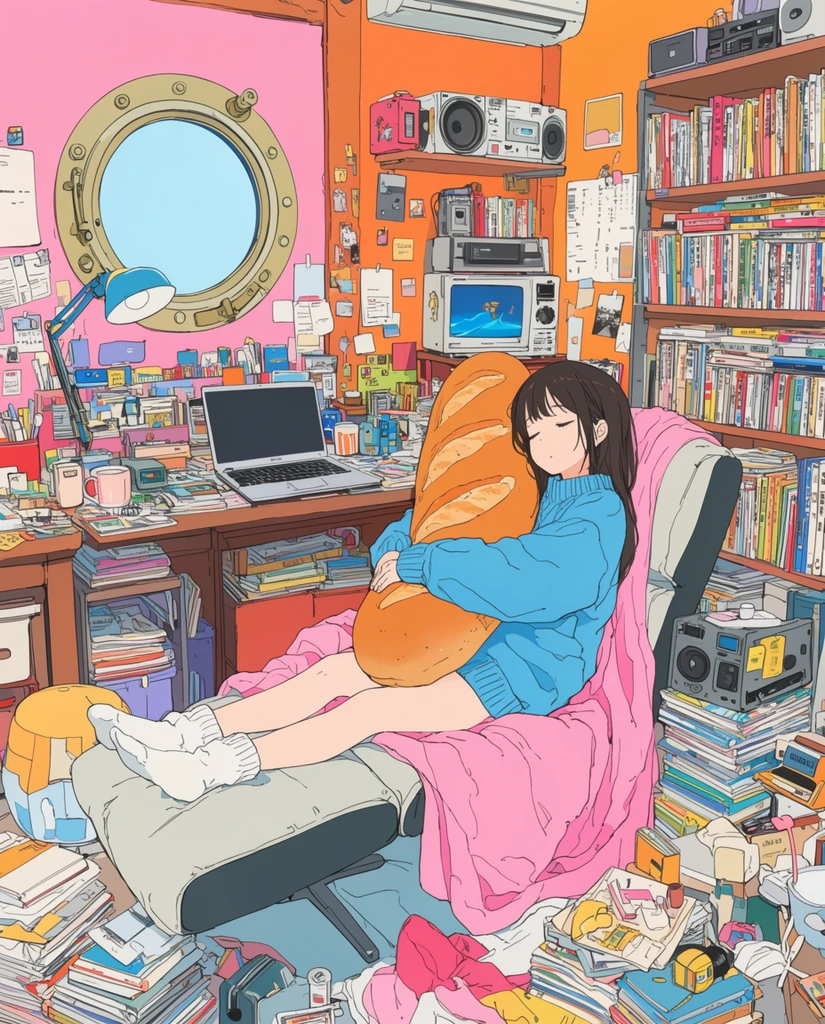 sleeping young woman hugging a giant baguette pillow in a recliner, oversized blue sweater, pink blanket, highly cluttered bedroom, pink and orange walls, round porthole window, desk with laptop, overflowing bookshelves, retro electronics, clean line art, flat pastel colors, highly detailed anime aesthetic