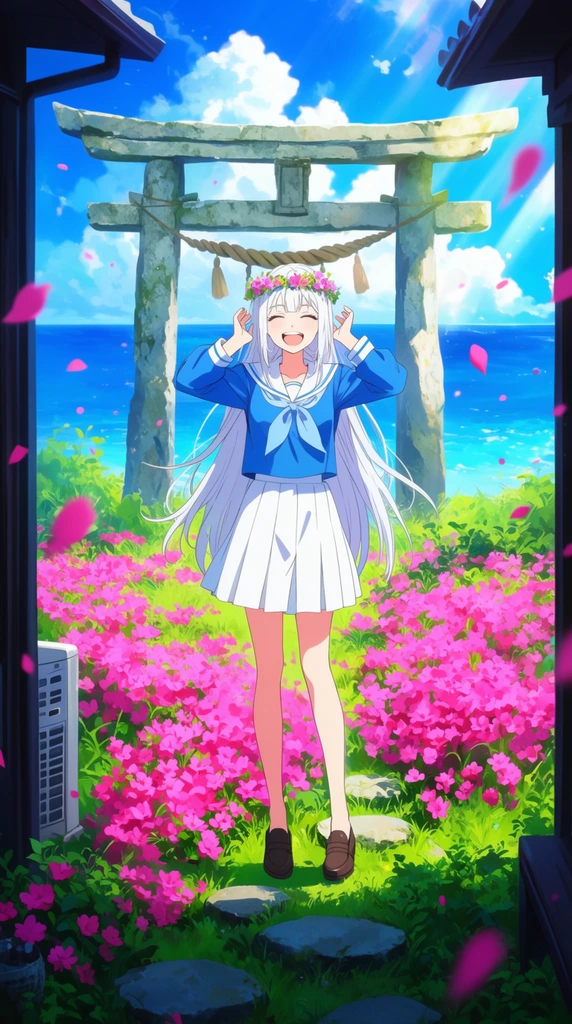 A joyful anime-style woman with long white hair and a floral crown stands in a lush garden of bright pink flowers and green grass. Wearing a blue sailor top and a white pleated skirt, she smiles broadly with closed eyes while holding her hands near her head. Behind her, a weathered stone torii gate with a sacred rope frames a vivid blue ocean and cloudy sky. Sunbeams illuminate the high-saturation digital illustration as loose pink petals drift dynamically through the air. The foreground is framed by dark architectural silhouettes, with stepping stones and a partially hidden air conditioning unit nestled in the foliage.