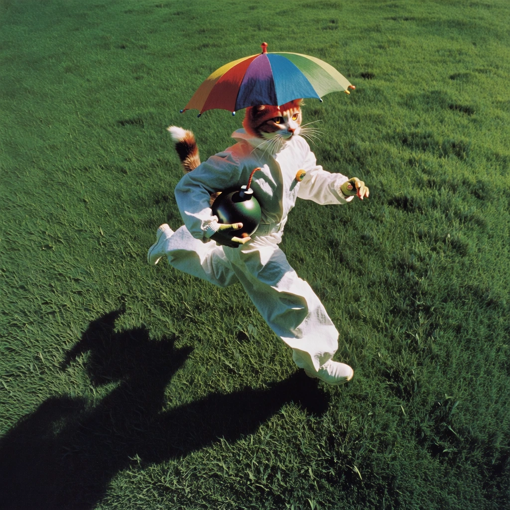 high-angle bird’s-eye perspective, anthropomorphic cat running in a crisp white paper boiler suit wearing a multi-colored rainbow umbrella hat, clutching a spherical black bomb with a lit fuse, vast expanse of textured saturated green grass, harsh direct midday sunlight, long dramatic cast shadows, 1990s commercial editorial aesthetic, grainy 35mm film stock, high contrast saturation, surrealist fashion photography style, sharp focus, primary color accents, quirky composition