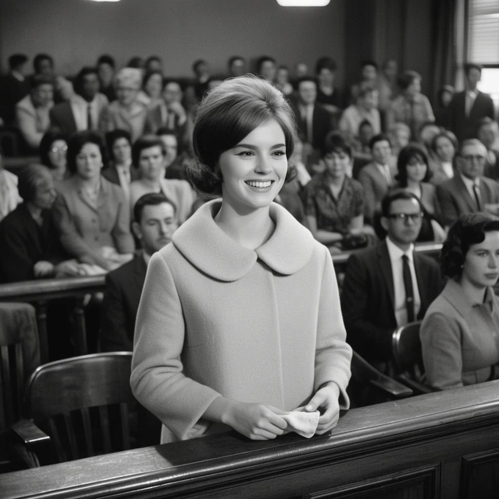 black and white cinematic still, smiling young woman with a retro bouffant hairstyle, wearing a light coat with a large rounded collar, standing at a wooden railing holding a small cloth, crowded courtroom gallery background, rows of diverse onlookers in mid-20th-century attire seated on wooden benches, shallow depth of field, classic 1960s lighting, medium shot