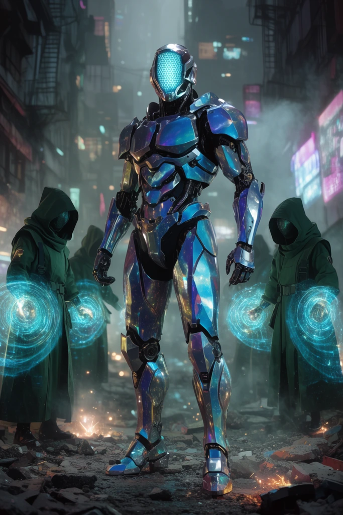 A towering cyborg knight in iridescent blue and silver metallic armor with a glowing hexagonal visor stands in a ruined neon-lit cyberpunk alleyway littered with sparking debris. Behind the knight, three cloaked figures in dark green tactical robes project swirling cyan holographic shields from their hands. Cinematic wide shot, shallow depth of field, cool-toned rim lighting, and hazy atmospheric smoke.
