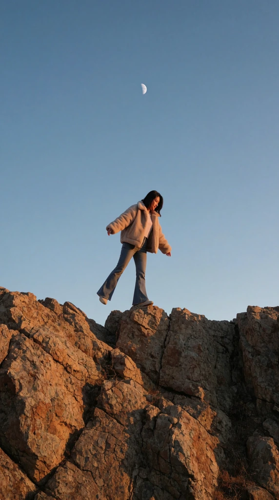 woman balancing on rugged rocky ridge, beige fluffy jacket, flared jeans, golden hour light on textured stone, vast clear blue sky, half moon, low angle