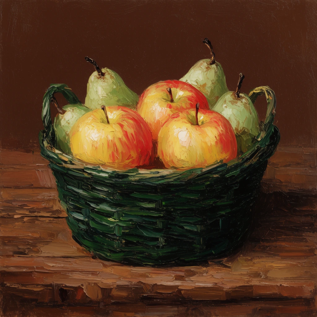 An expressive oil painting of a dark green woven basket filled with yellow-red apples and pale green pears resting on a rustic brown wooden table. A flat dark umber background contrasts with the warm directional lighting, while thick impasto brushstrokes create a rich, textured, earthy composition.