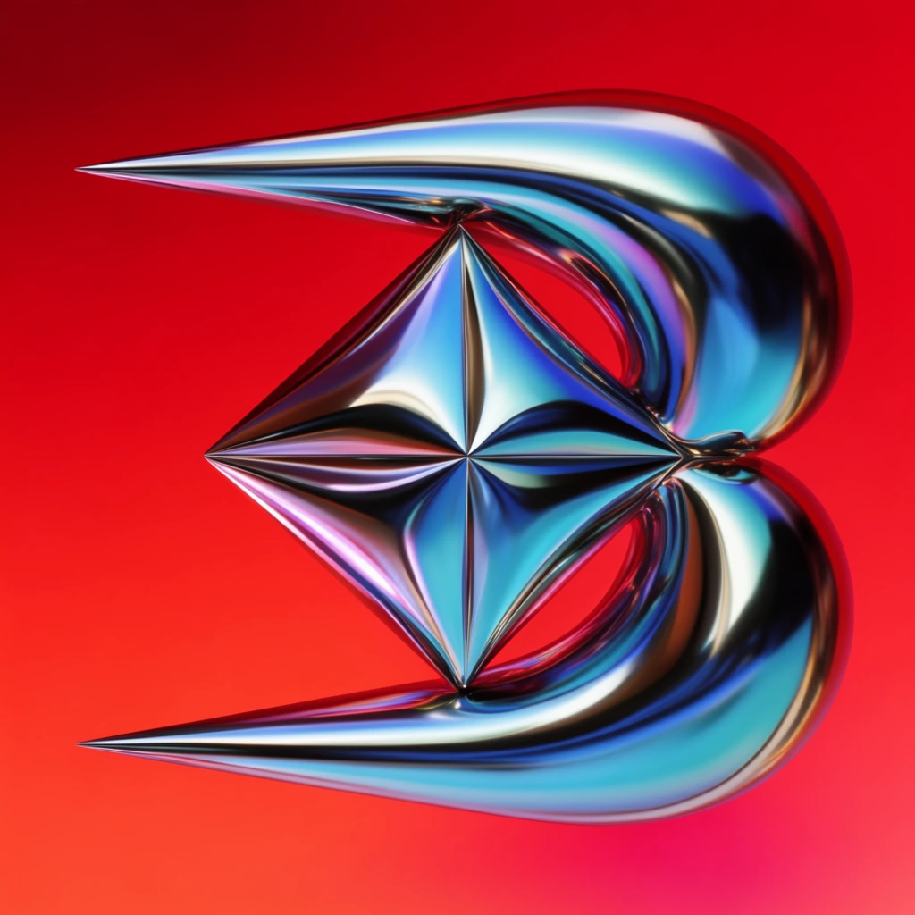 abstract 3D geometric shape, highly reflective iridescent chrome surface, cyan and blue metallic highlights, sharp prongs pointing left, double rounded curves on right, central faceted triangular form, smooth red gradient backdrop, glossy finish, studio lighting