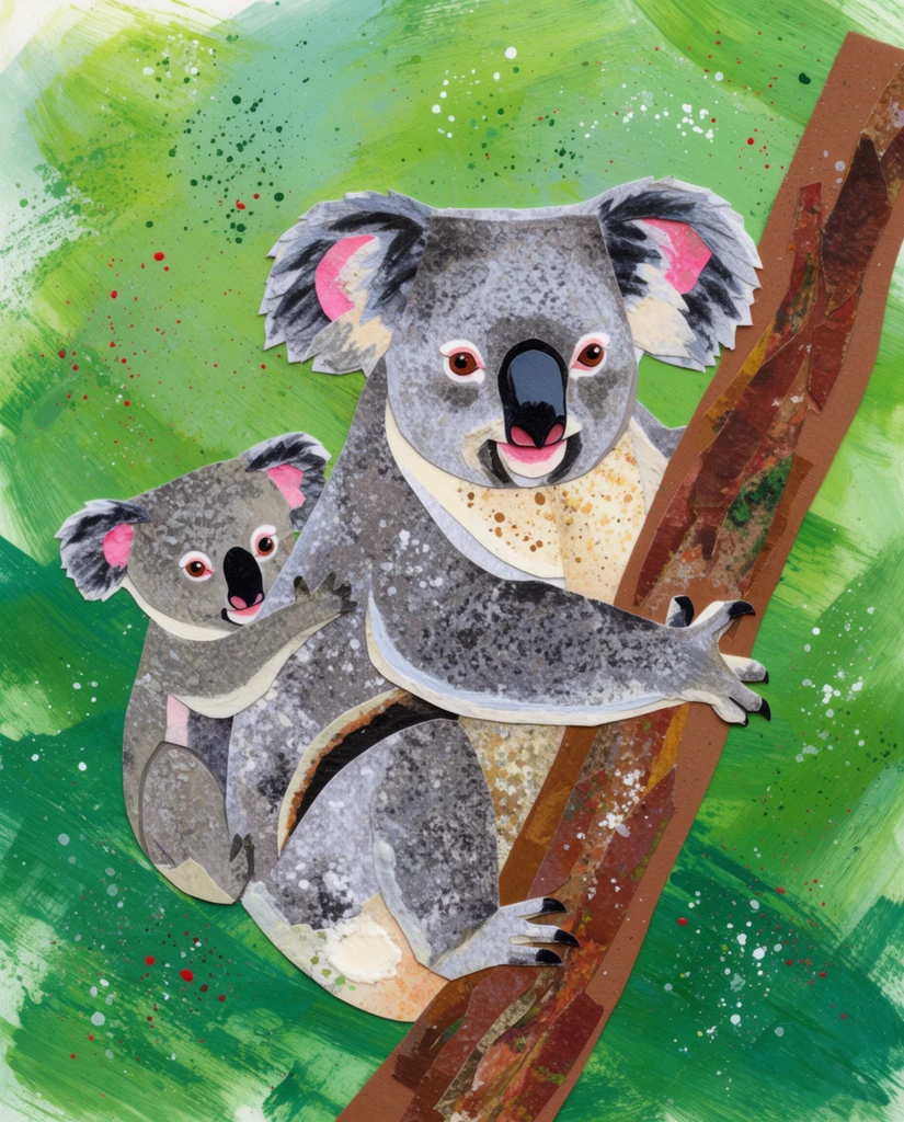 A mixed-media collage illustration features an adult koala and its joey clinging to a textured diagonal tree branch. The adult koala, crafted from mottled gray textures with a speckled beige chest and pink-accented ears, grasps the brown trunk. A smaller joey peeks from behind the adult's back. The flat composition is set against an abstract background of broad, dynamic green brushstrokes. The entire artwork evokes a handmade, cut-paper aesthetic, heavily layered with stippled textures and scattered throughout with fine white, red, and dark green paint splatters.