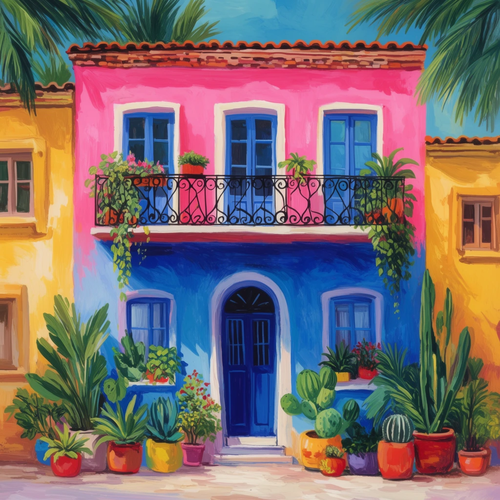A vibrant painterly illustration of a colorful Mediterranean building facade. The central structure features a bright pink upper half and a rich blue ground floor with a dark blue arched door. A wrought-iron balcony spans the second level accessed by blue French doors. Lush potted tropical plants, cacti, and vines cluster around the entrance, balcony, and windowsills. Warm yellow buildings flank the main structure. Palm fronds frame the top edge against a bright blue sky. The artwork showcases bold saturated colors, whimsical proportions, and heavily textured brushstrokes.