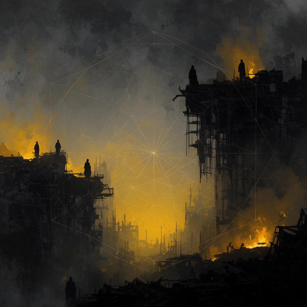 dystopian ruined cityscape, silhouetted figures on skeletal structures, glowing amber fires, delicate geometric line overlay, smoky sky, dark charcoal and warm yellow palette, textured matte painting