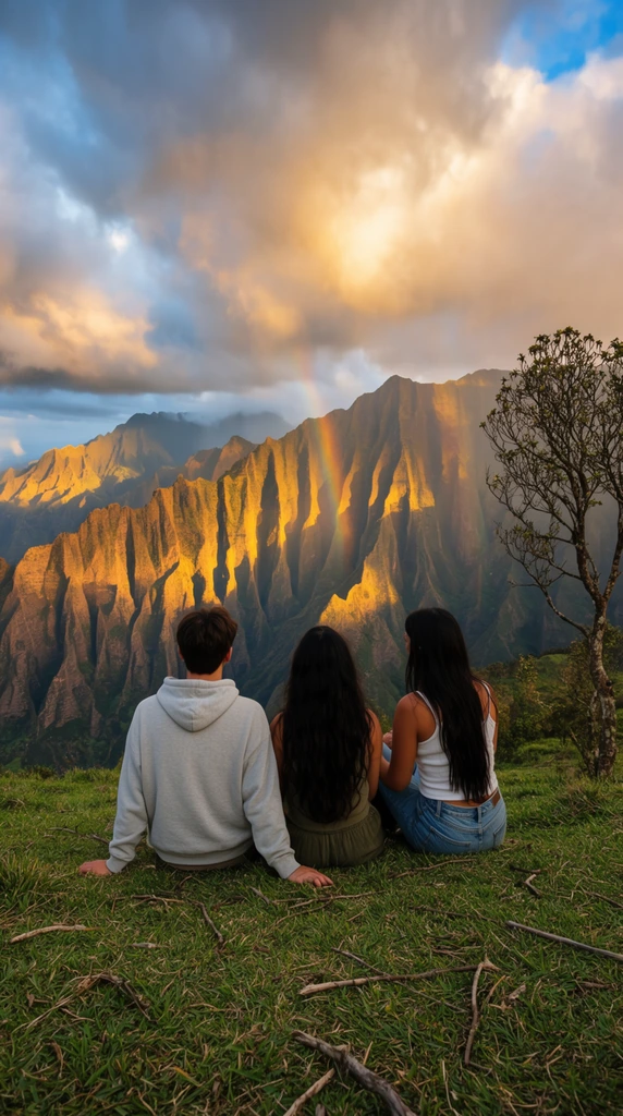 Three people sit viewed from behind on a grassy hilltop, facing a towering mountain range with sharp, fluted ridges. The left figure wears a light grey hoodie, the middle person has long dark hair and olive green clothing, and the right person has long dark hair, a white tank top, and blue jeans. The steep, rugged cliffs are dramatically illuminated by golden sunlight breaking through a sky filled with heavy, dynamic clouds. A faint rainbow descends vertically into the deep valleys. The foreground consists of sloping green grass, scattered dry twigs, and a single sparsely leafed tree on the right edge. Wide-angle perspective, deep depth of field, vibrant contrasting natural lighting.