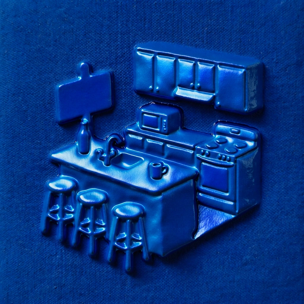 a monochromatic cobalt blue cross-section of a small kitchen, rendered as a high-relief embossed metallic sculpture, set against a deep blue coarse-textured textile backdrop, depicting a counter with a sink, microwave, oven, and overhead cabinets, a bottle and mug on the surface, four tall stools and a sign board, high-contrast specular lighting creating glossy iridescent highlights and soft-edged shadows, everything in a uniform electric blue finish.